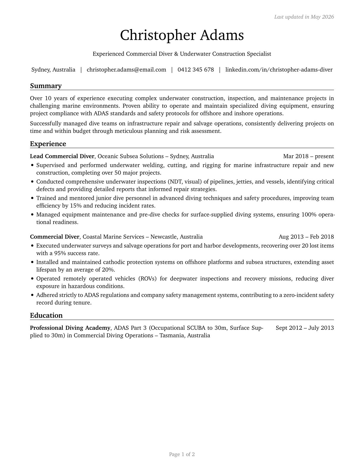 Commercial Divers CV in English — page 1