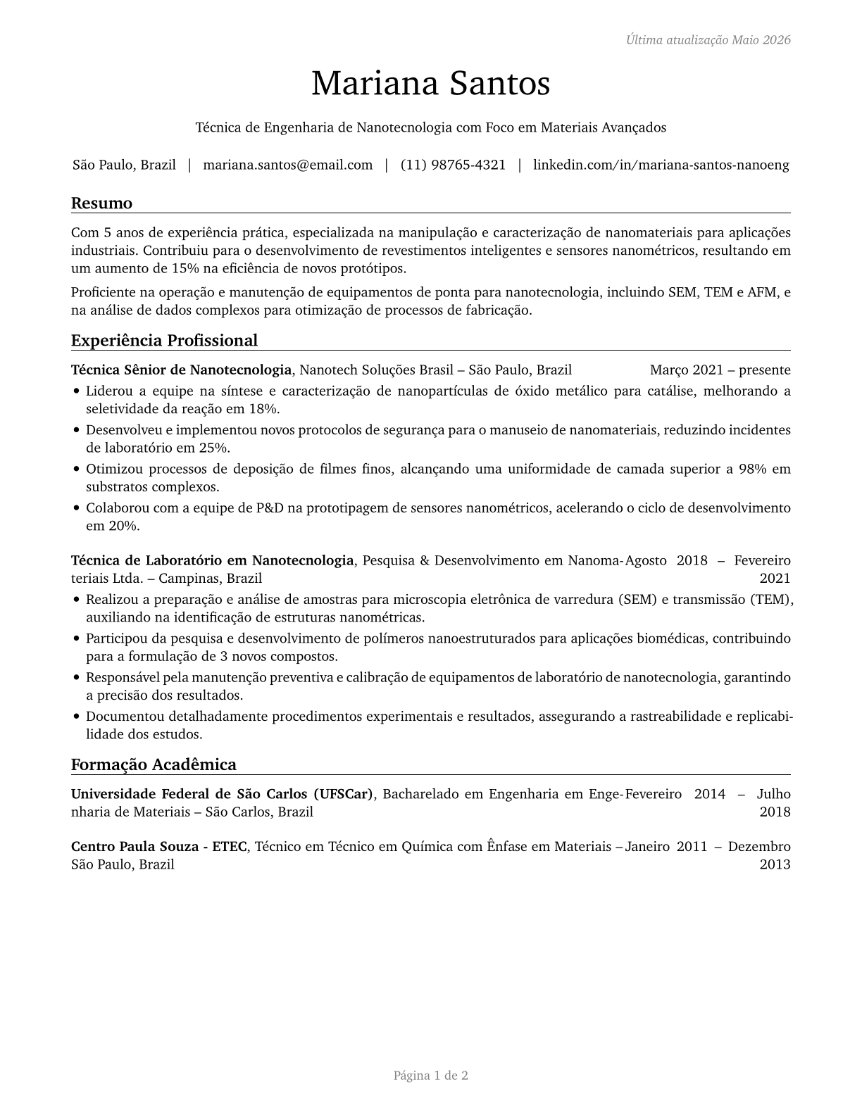Nanotechnology Engineering Technologists and Technicians CV in Portuguese — page 1