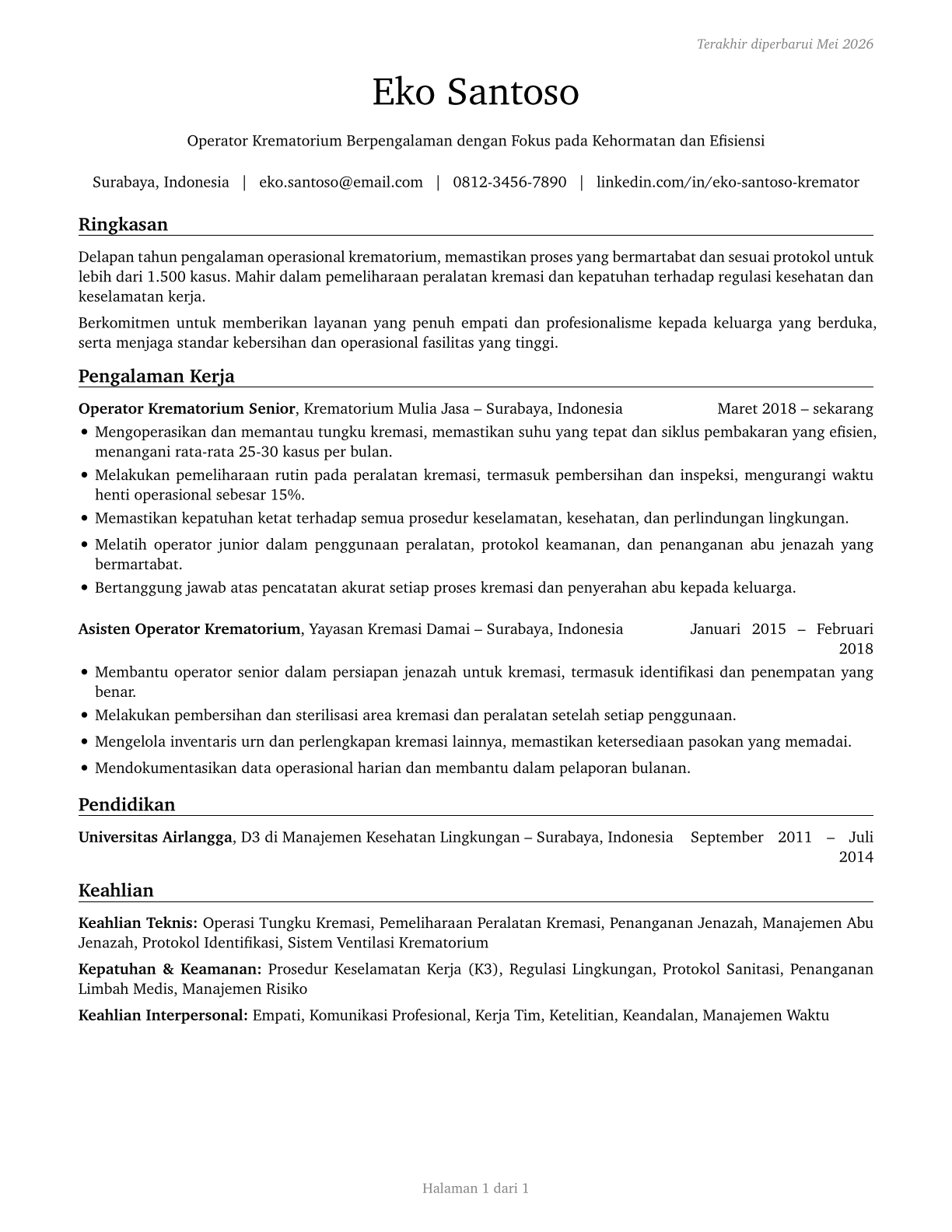 Crematory Operators CV in Indonesian — page 1
