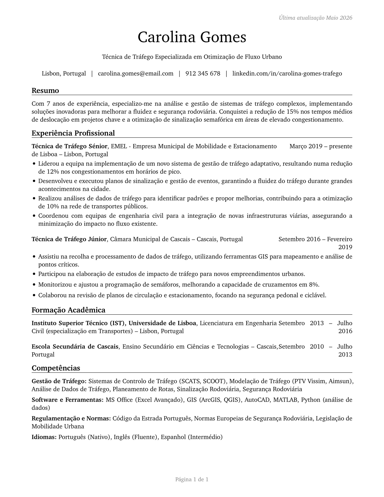 Traffic Technicians CV in Portuguese — page 1