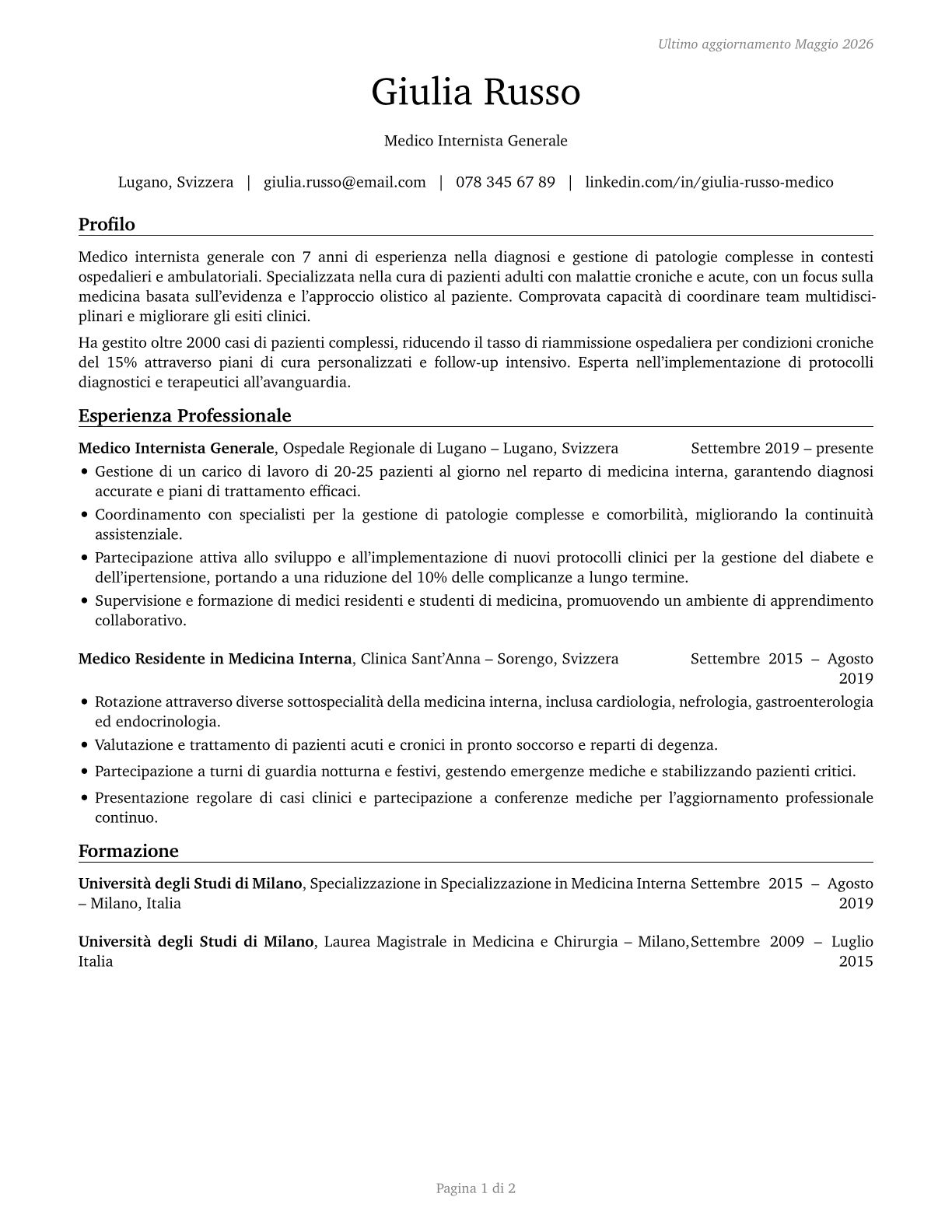 General Internal Medicine Physicians CV in Italian — page 1