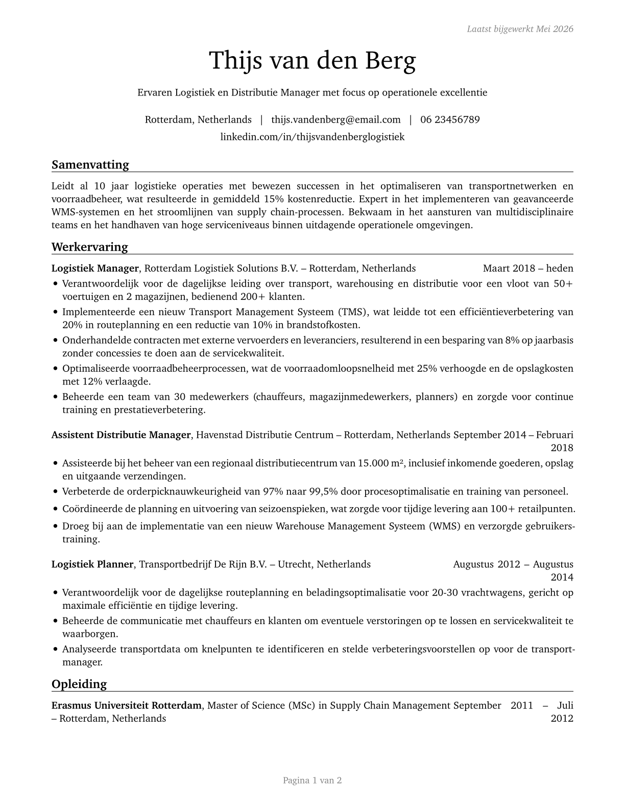 Transportation, Storage, and Distribution Managers CV in Dutch — page 1