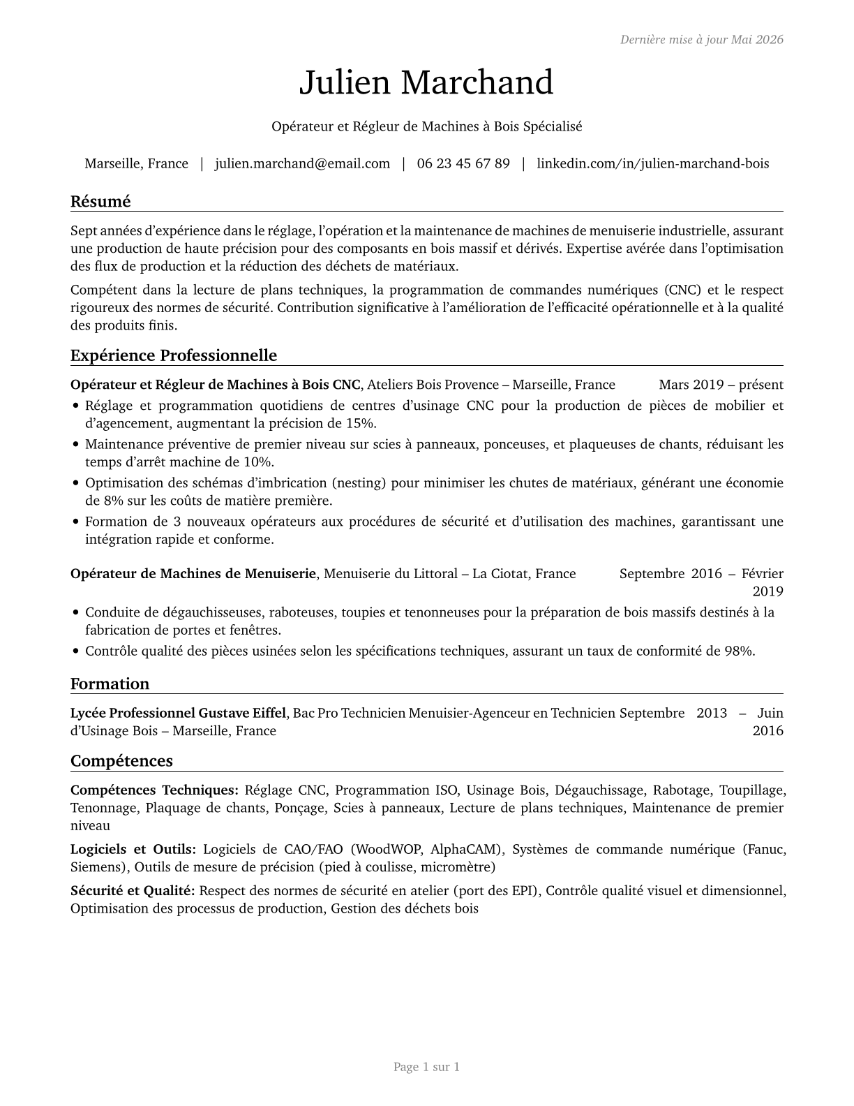 Woodworking Machine Setters, Operators, and Tenders, Except Sawing CV in French — page 1