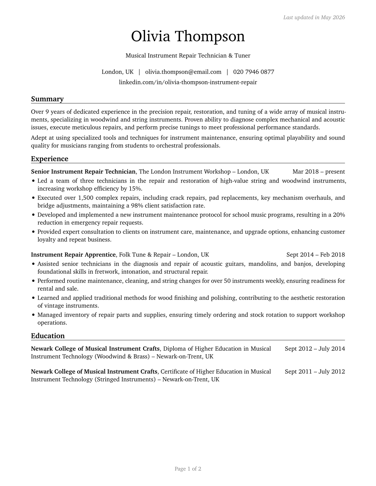 Musical Instrument Repairers and Tuners CV in English — page 1