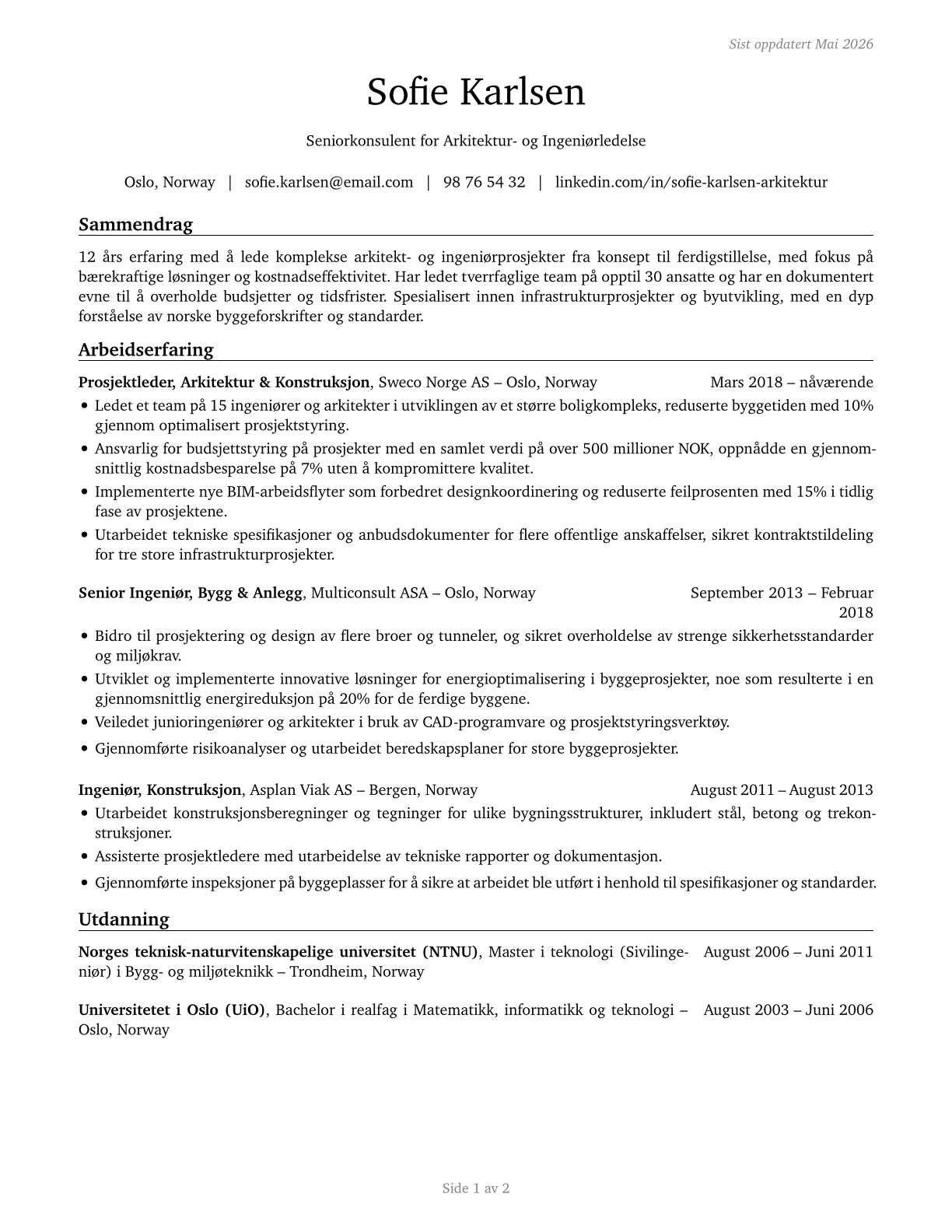 Architectural and Engineering Managers CV in Norwegian_bokmal — page 1