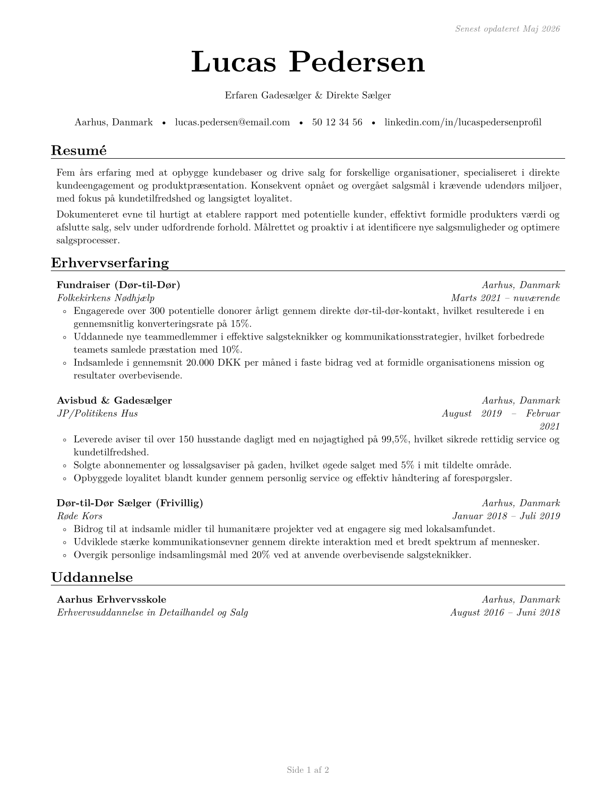 Door-to-Door Sales Workers, News and Street Vendors, and Related Workers CV in Danish — page 1