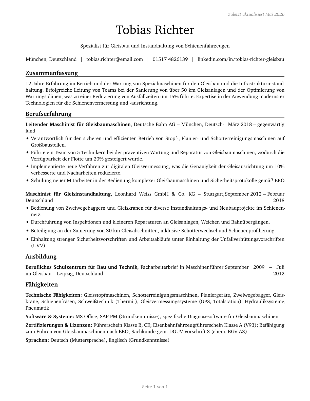 Rail-Track Laying and Maintenance Equipment Operators CV in German — page 1