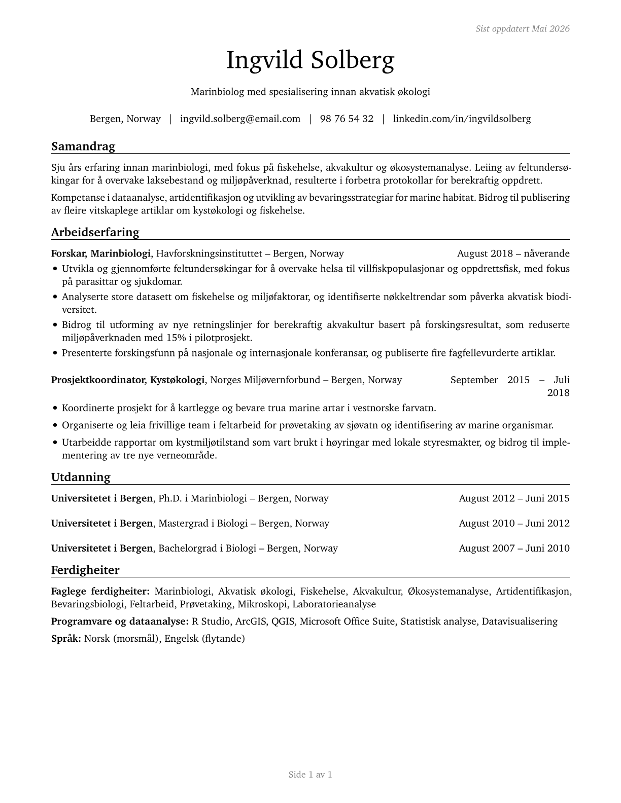 Biologists CV in Norwegian_nynorsk — page 1