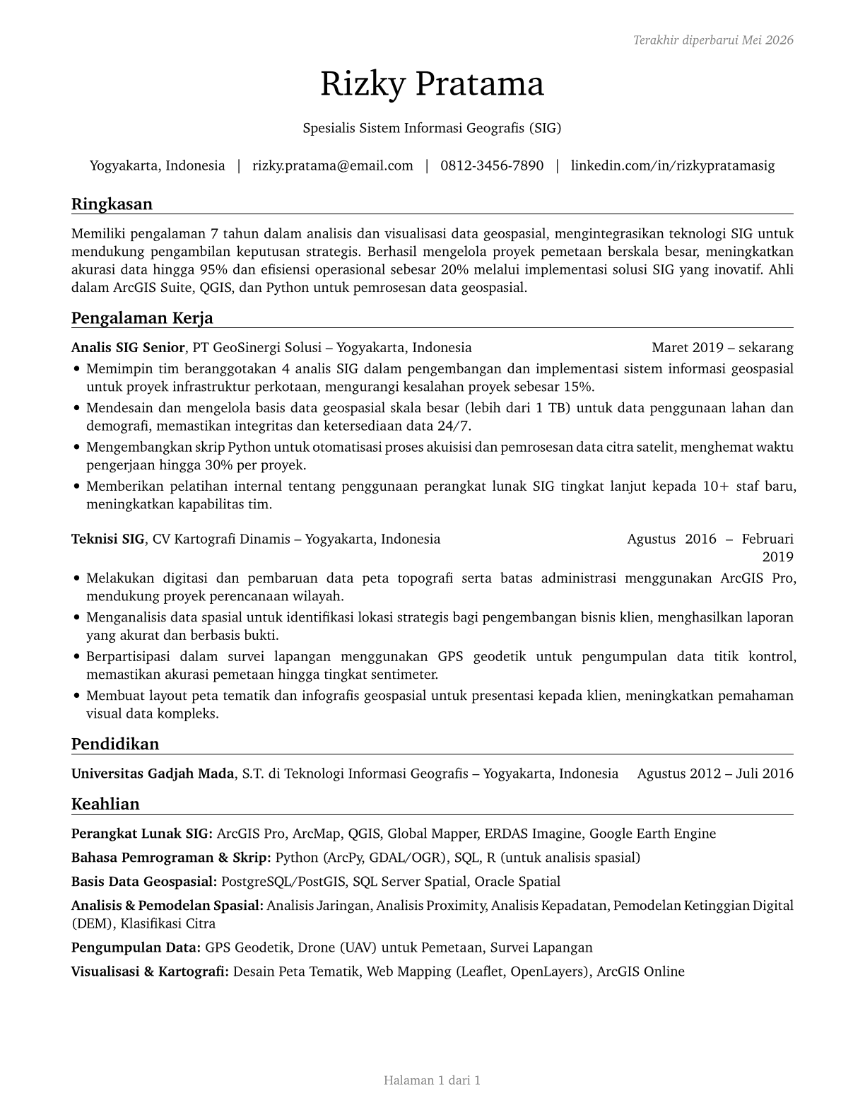 Geographic Information Systems Technologists and Technicians CV in Indonesian — page 1
