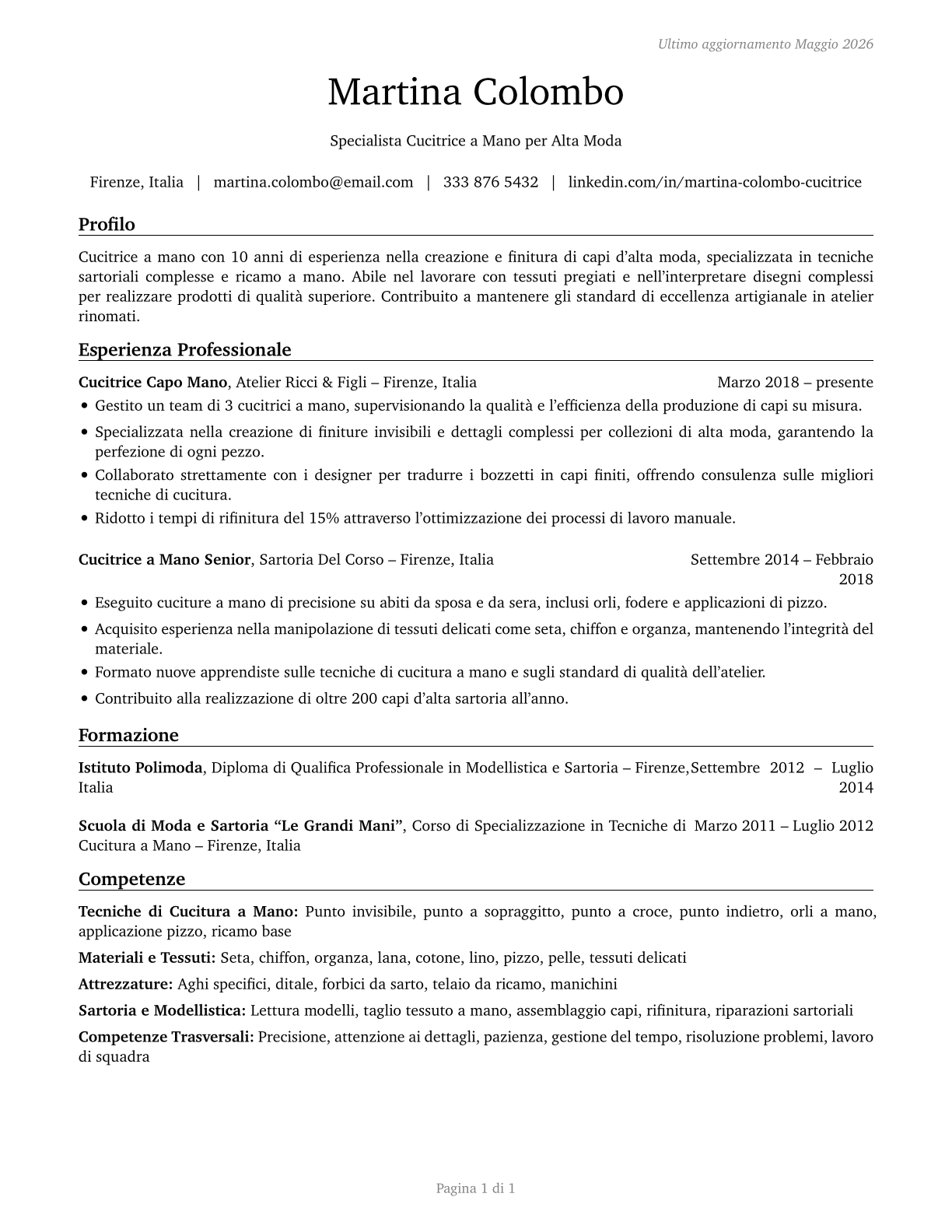 Sewers, Hand CV in Italian — page 1