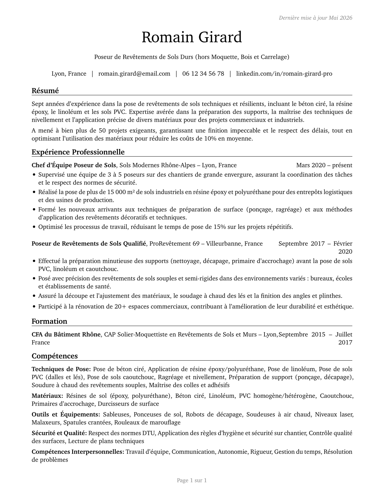 Floor Layers, Except Carpet, Wood, and Hard Tiles CV in French — page 1