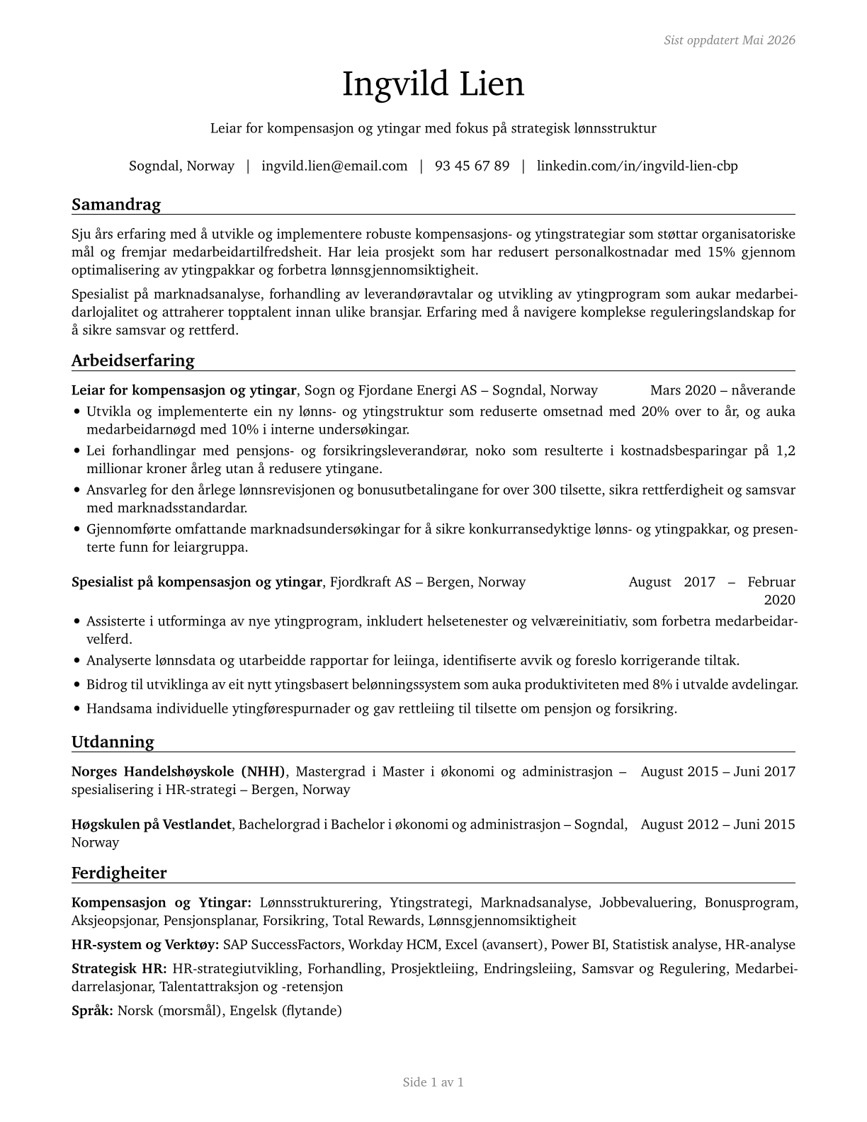 Compensation and Benefits Managers CV in Norwegian_nynorsk — page 1
