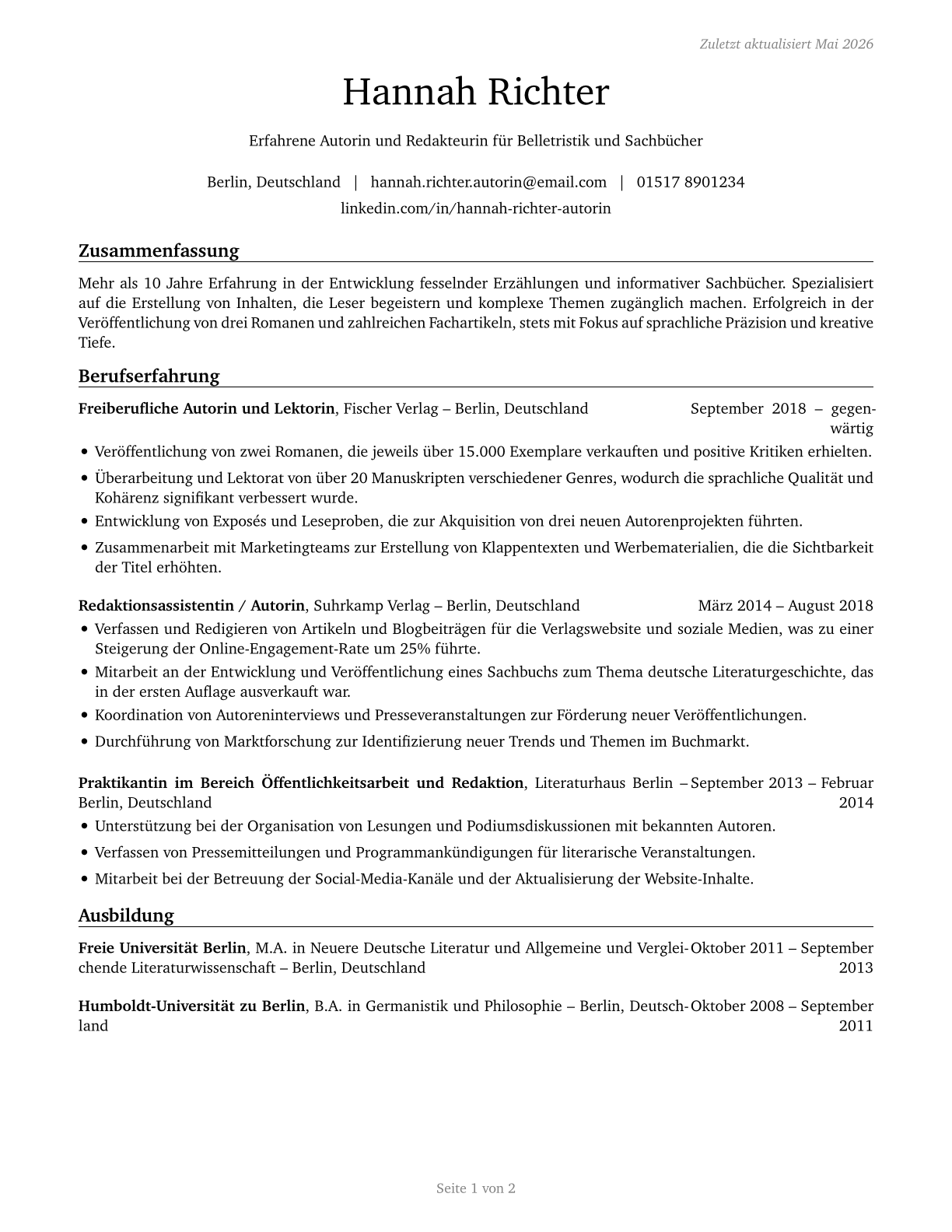 Writers and Authors CV in German — page 1