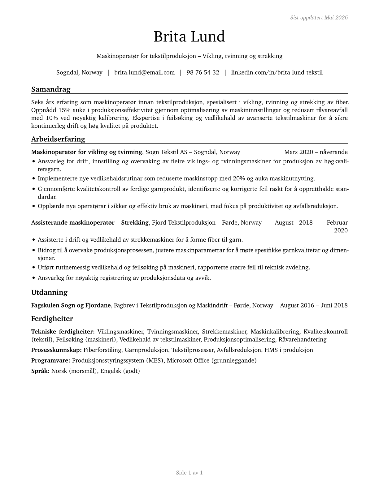 Textile Winding, Twisting, and Drawing Out Machine Setters, Operators, and Tenders CV in Norwegian_nynorsk — page 1