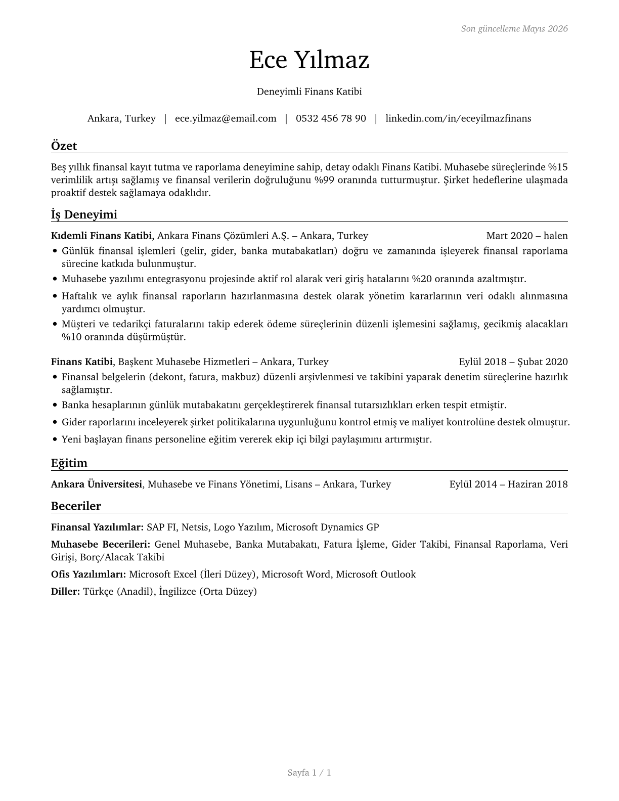 Financial Clerks, All Other CV in Turkish — page 1