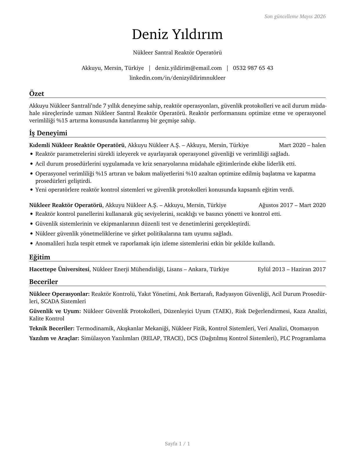 Nuclear Power Reactor Operators CV in Turkish — page 1