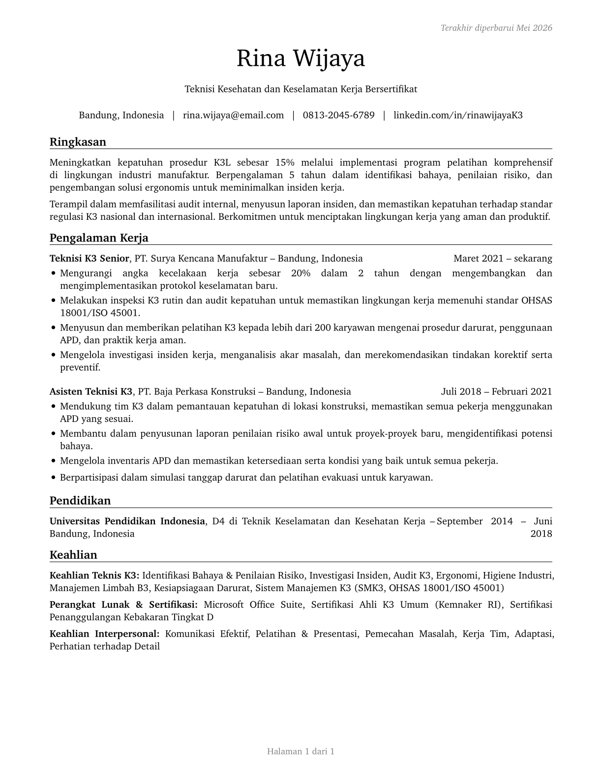 Occupational Health and Safety Technicians CV in Indonesian — page 1