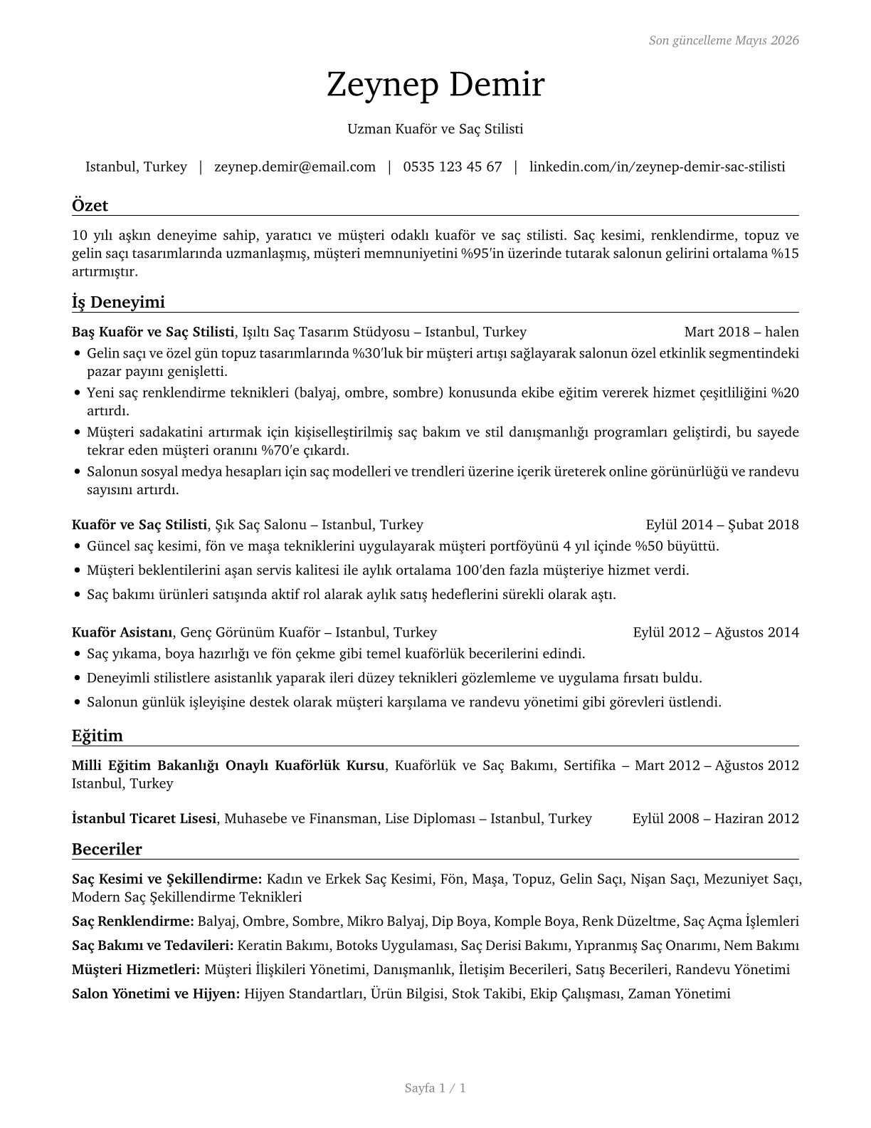 Hairdressers, Hairstylists, and Cosmetologists CV in Turkish — page 1