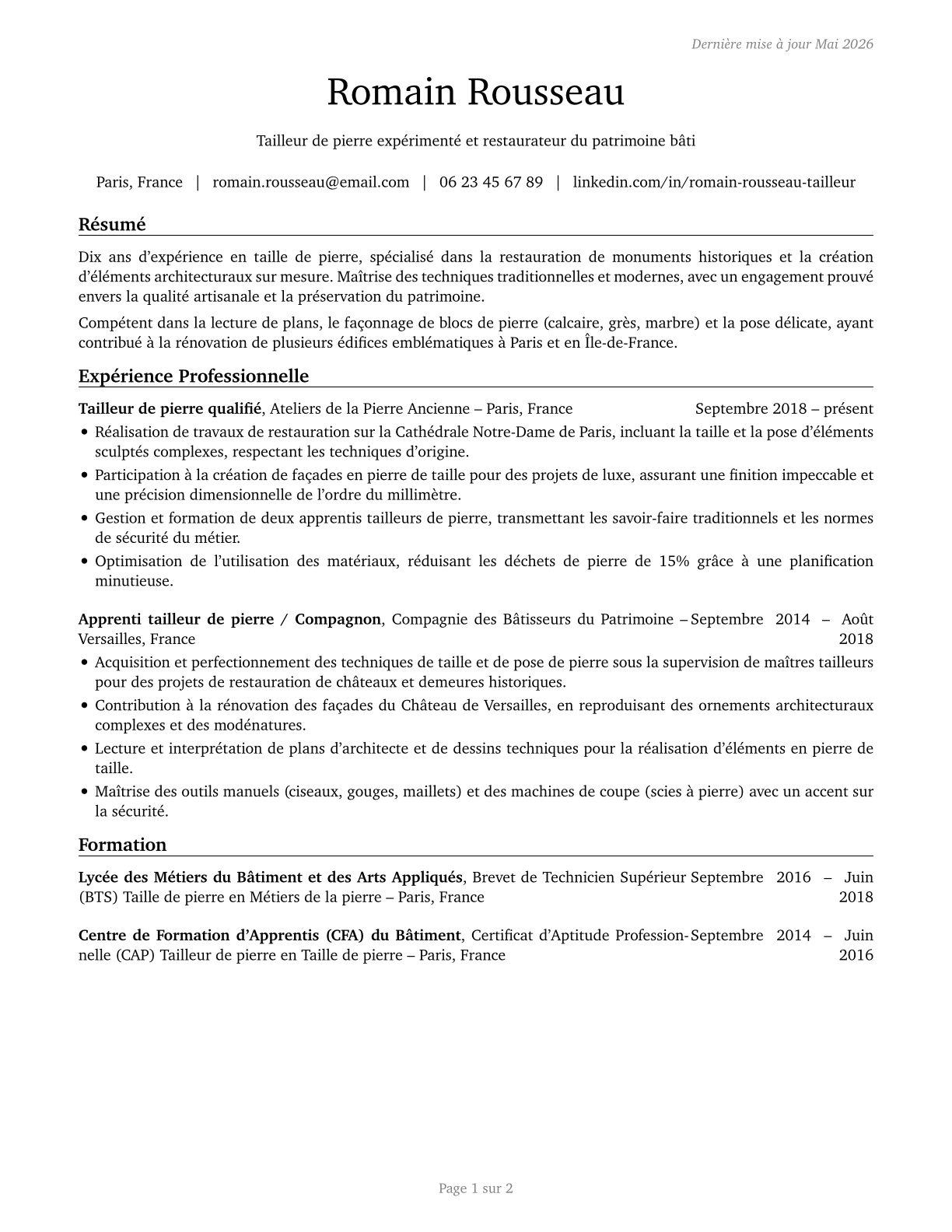 Stonemasons CV in French — page 1