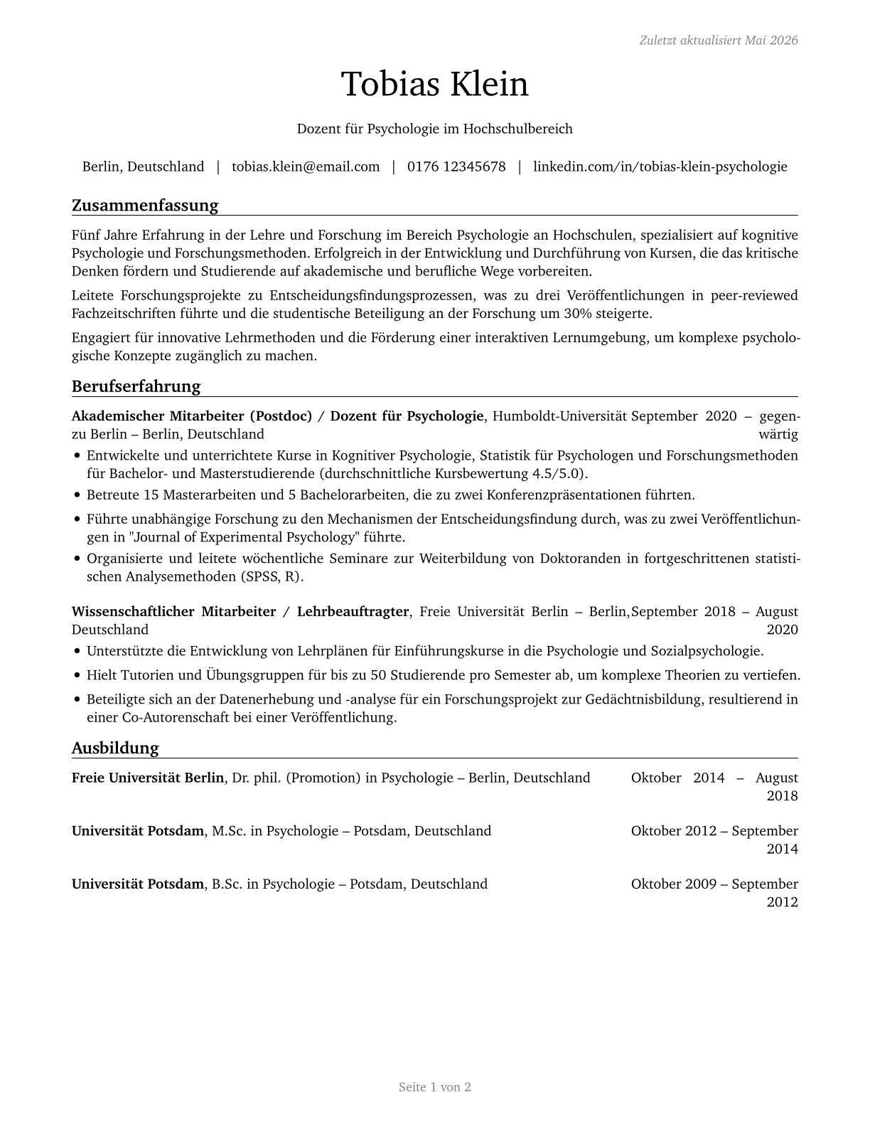 Psychology Teachers, Postsecondary CV in German — page 1