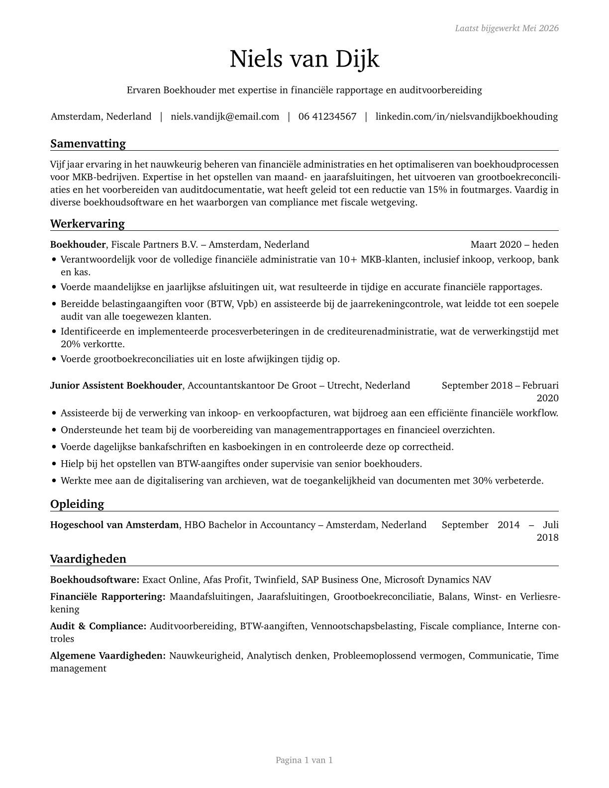 Bookkeeping, Accounting, and Auditing Clerks CV in Dutch — page 1