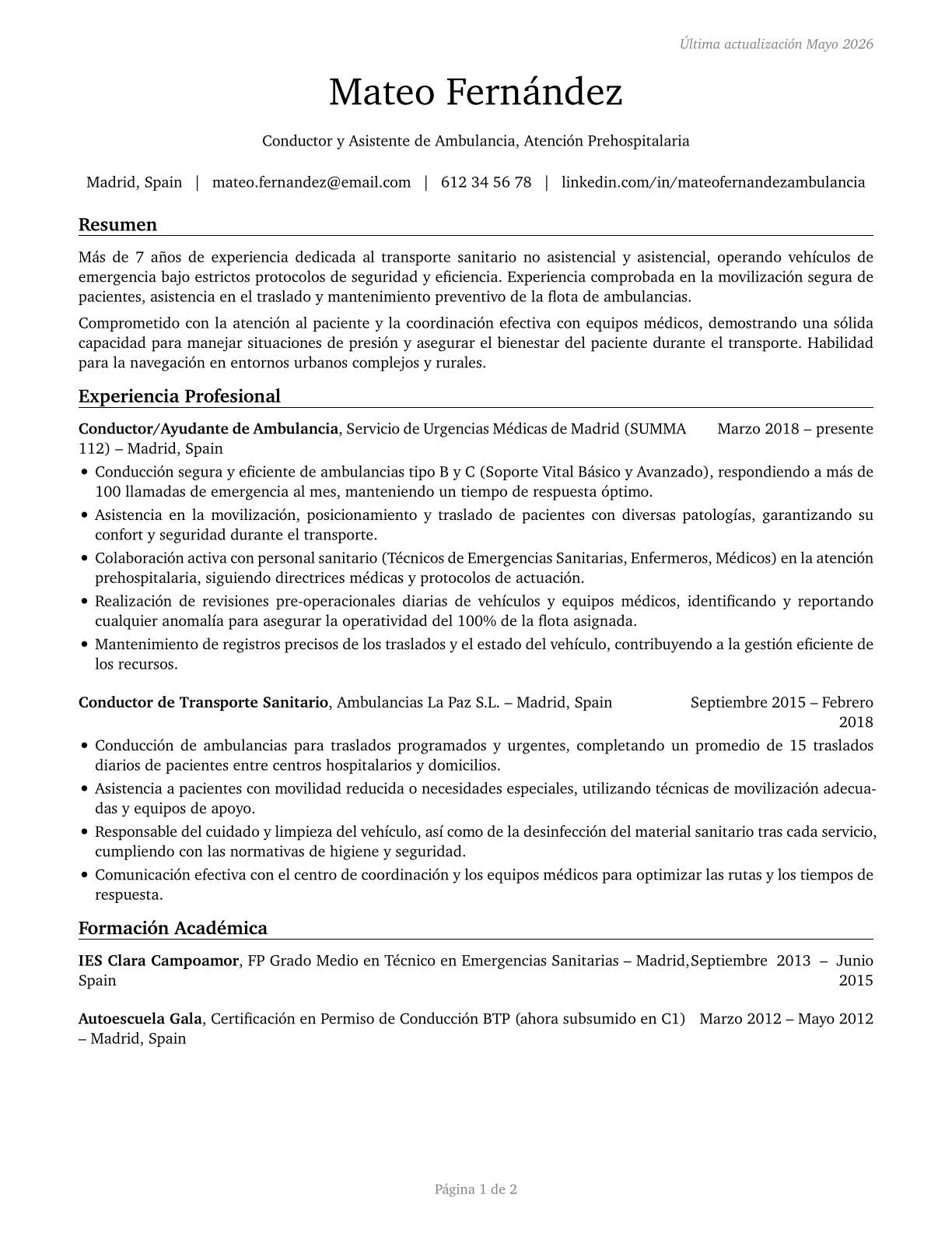 Ambulance Drivers and Attendants, Except Emergency Medical Technicians CV in Spanish — page 1
