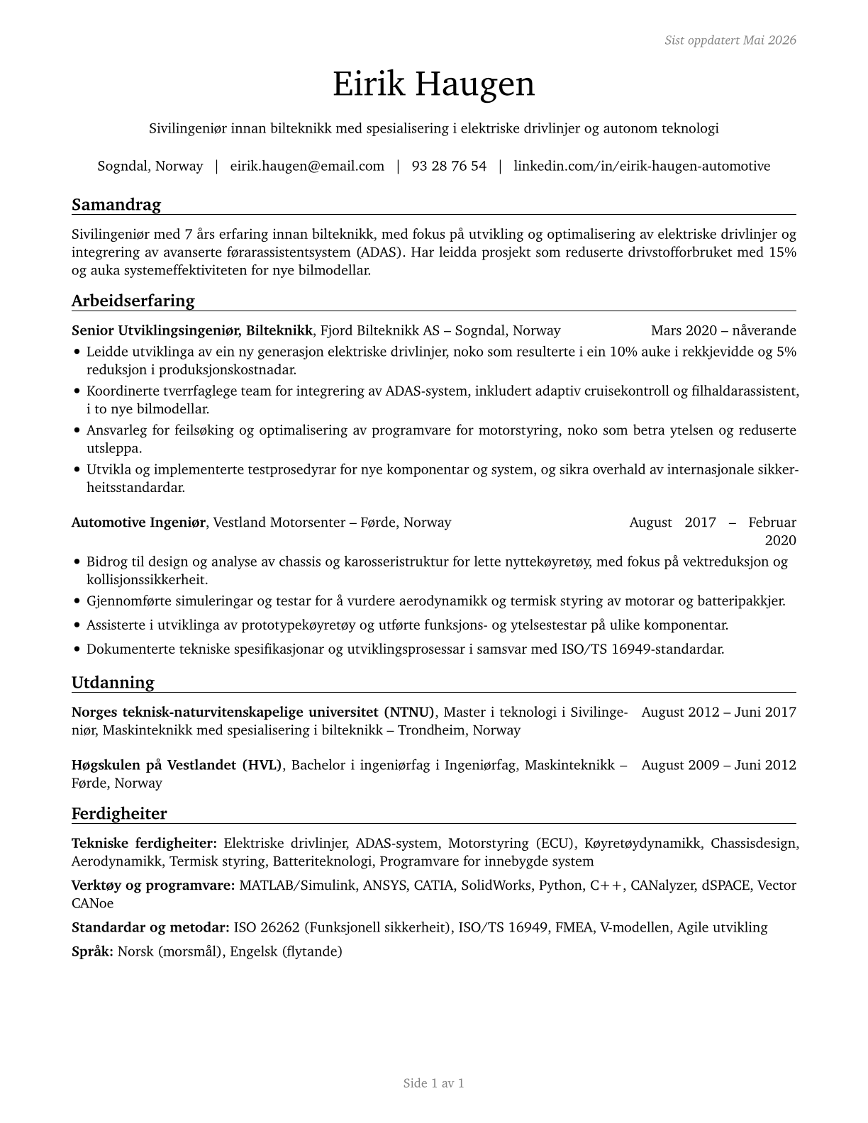 Automotive Engineers CV in Norwegian_nynorsk — page 1
