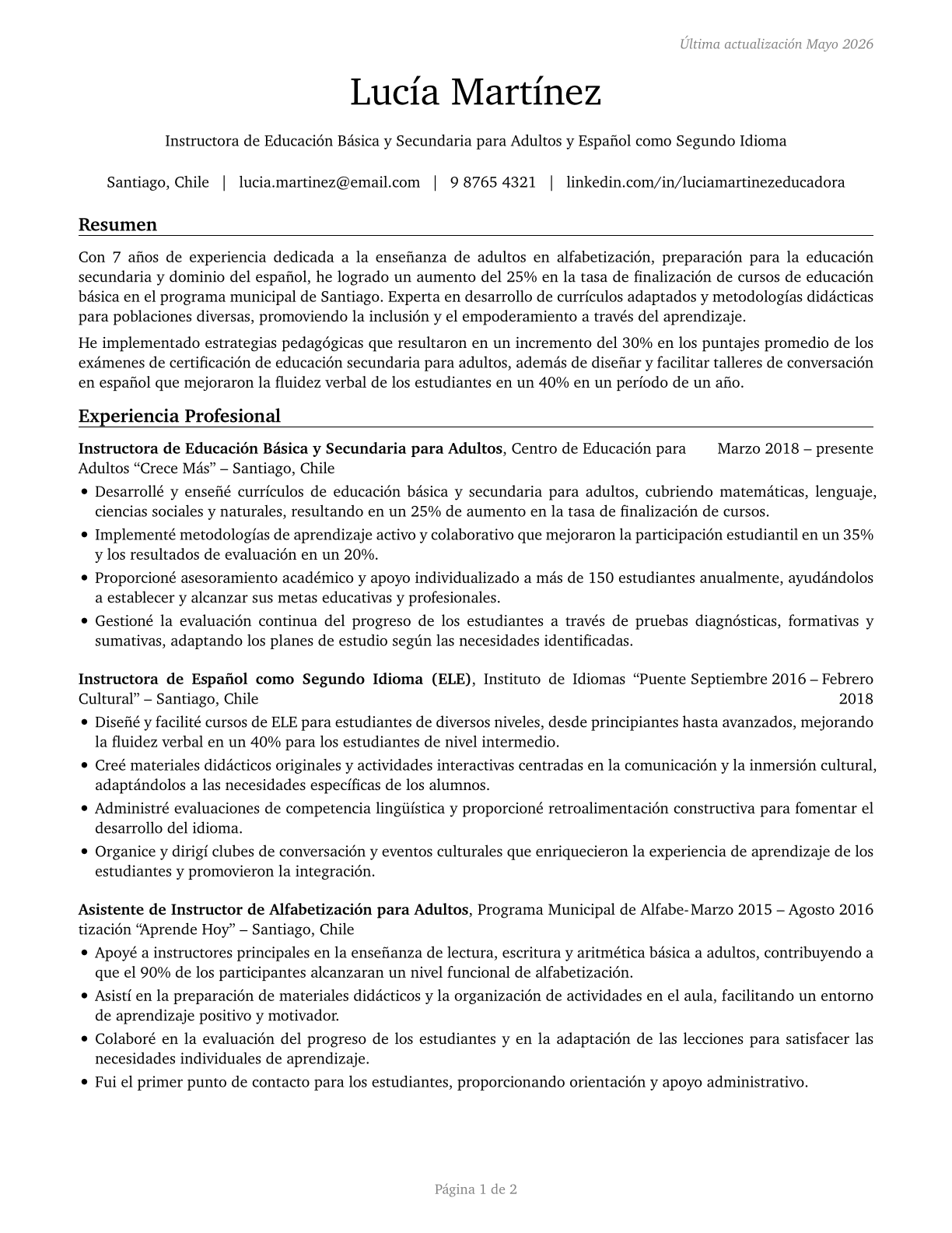 Adult Basic Education, Adult Secondary Education, and English as a Second Language Instructors CV in Spanish — page 1