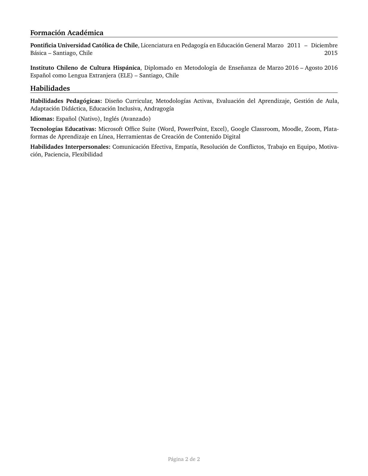 Adult Basic Education, Adult Secondary Education, and English as a Second Language Instructors CV in Spanish — page 2