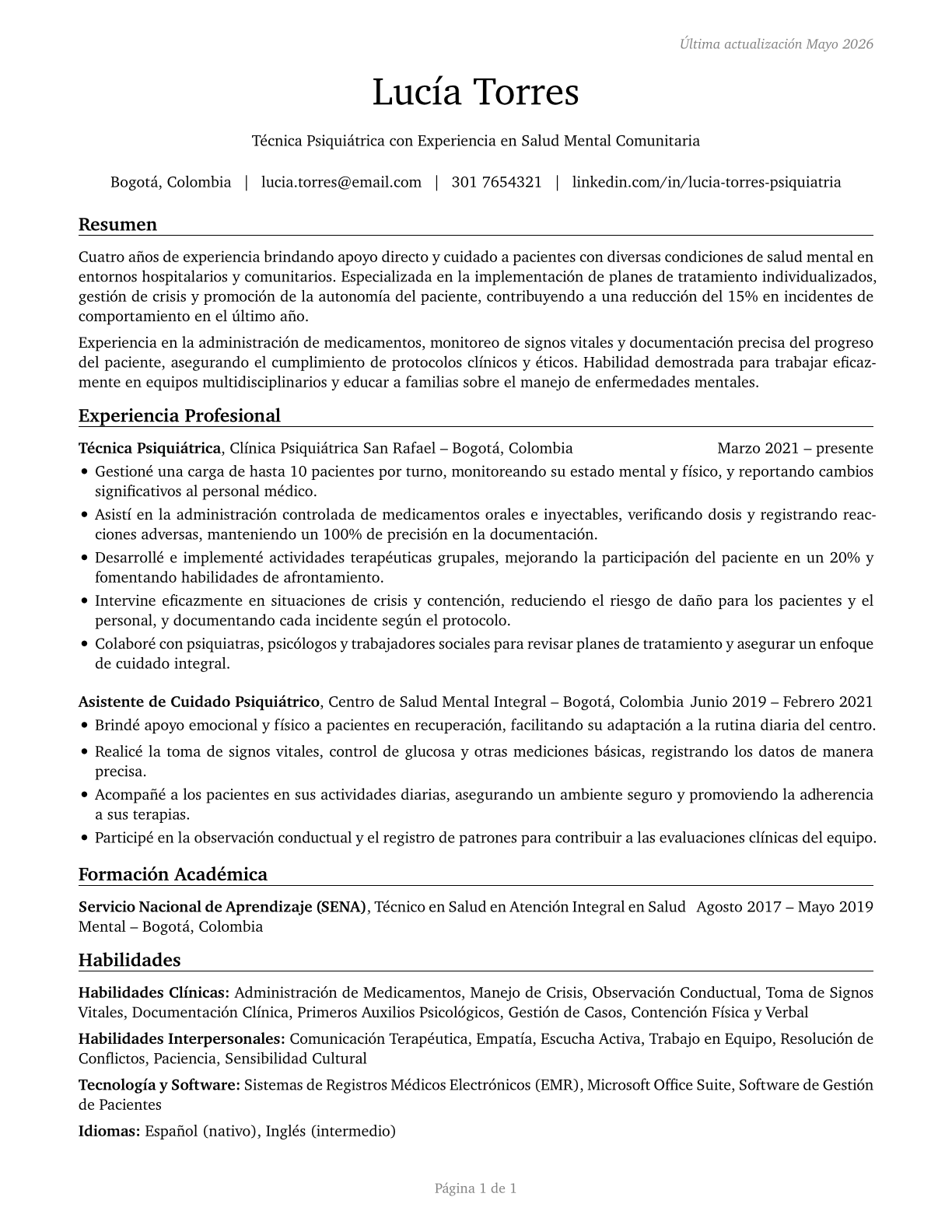 Psychiatric Technicians CV in Spanish — page 1