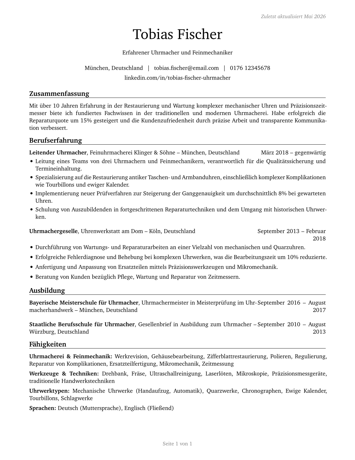 Watch and Clock Repairers CV in German — page 1