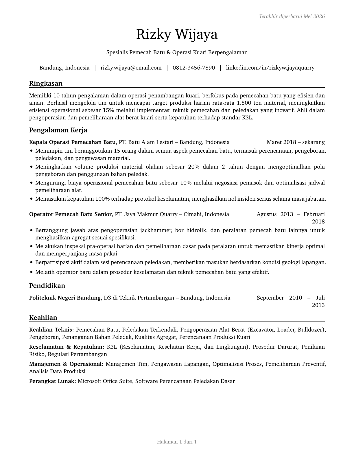 Rock Splitters, Quarry CV in Indonesian — page 1