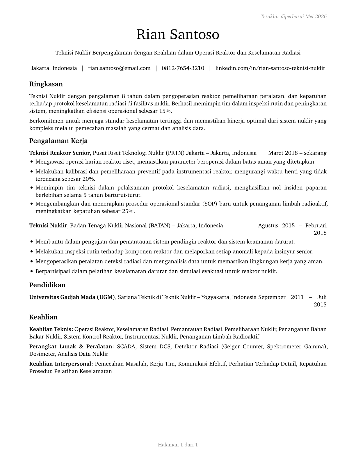 Nuclear Technicians CV in Indonesian — page 1