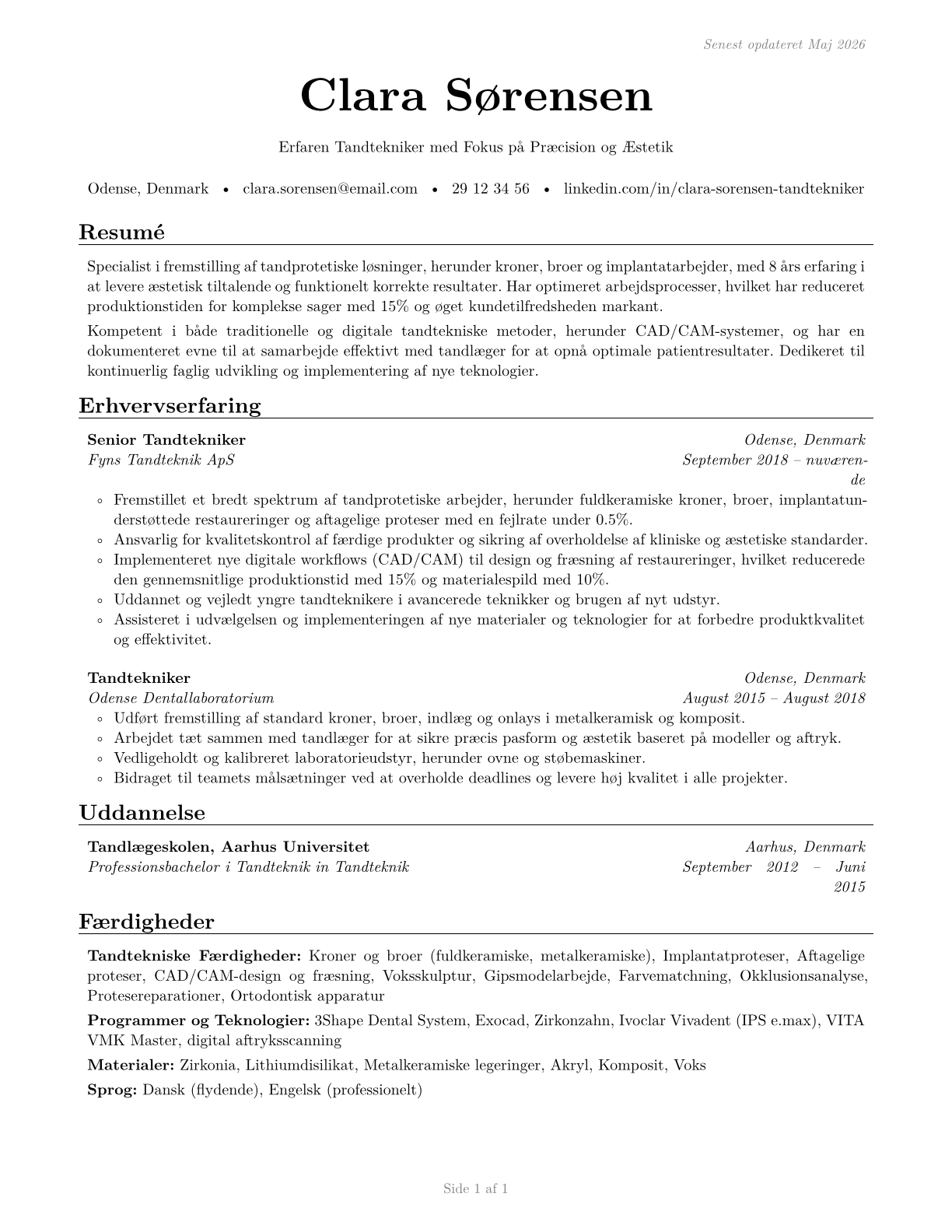 Dental Laboratory Technicians CV in Danish — page 1