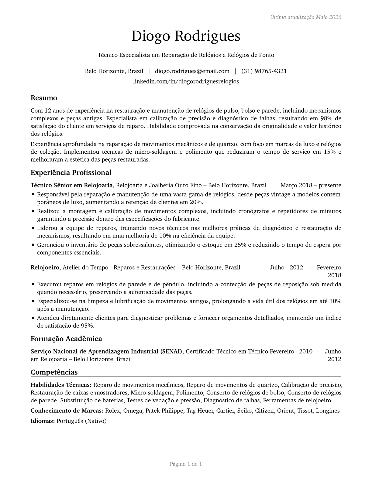 Watch and Clock Repairers CV in Portuguese — page 1