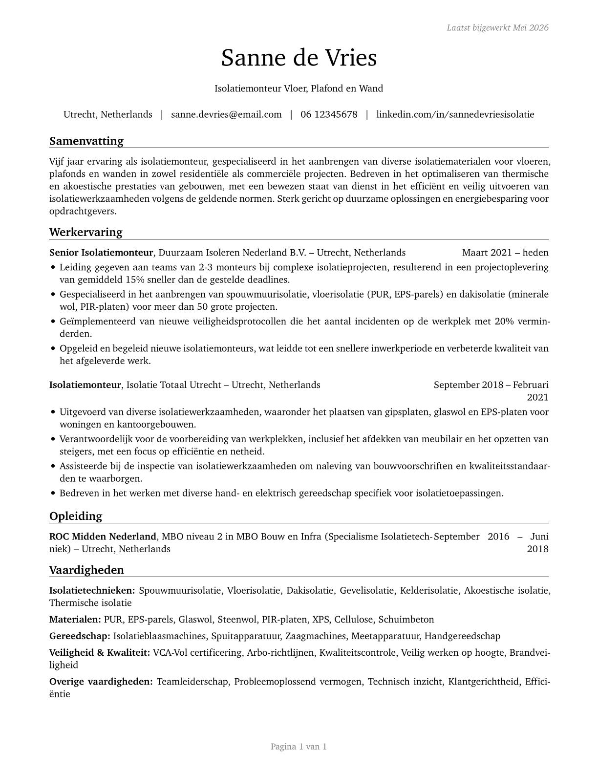 Insulation Workers, Floor, Ceiling, and Wall CV in Dutch — page 1