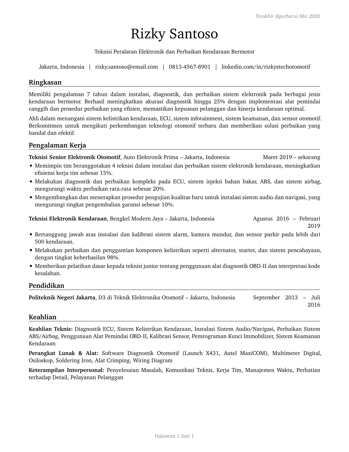 Electronic Equipment Installers and Repairers, Motor Vehicles CV in Indonesian — page 1