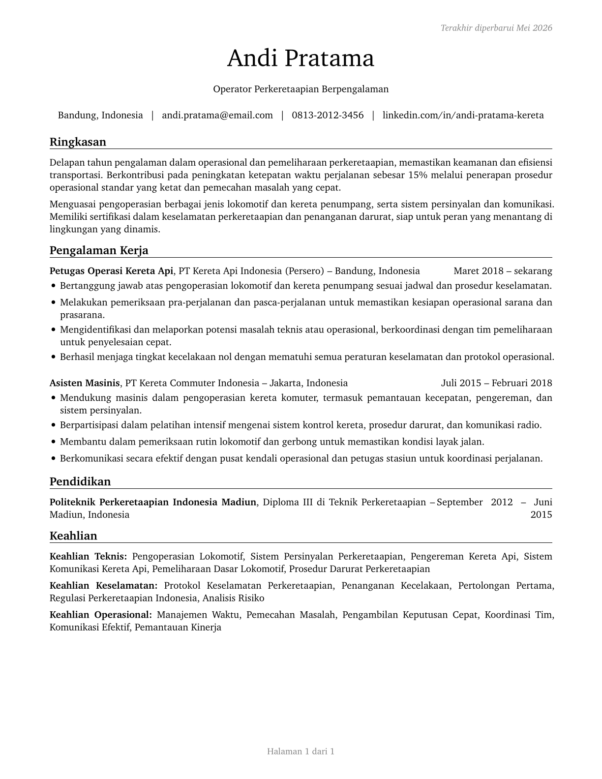 Rail Transportation Workers, All Other CV in Indonesian — page 1