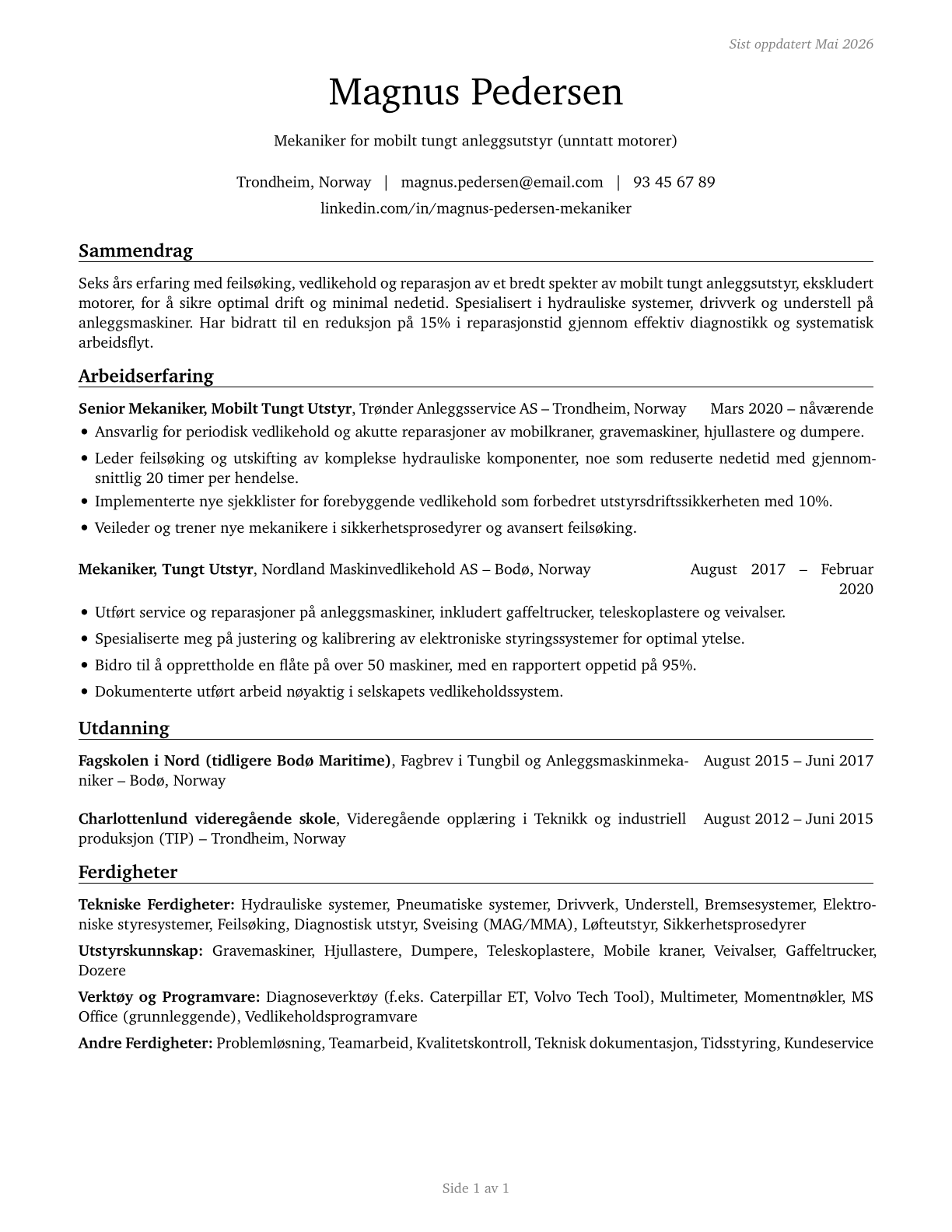 Mobile Heavy Equipment Mechanics, Except Engines CV in Norwegian_bokmal — page 1