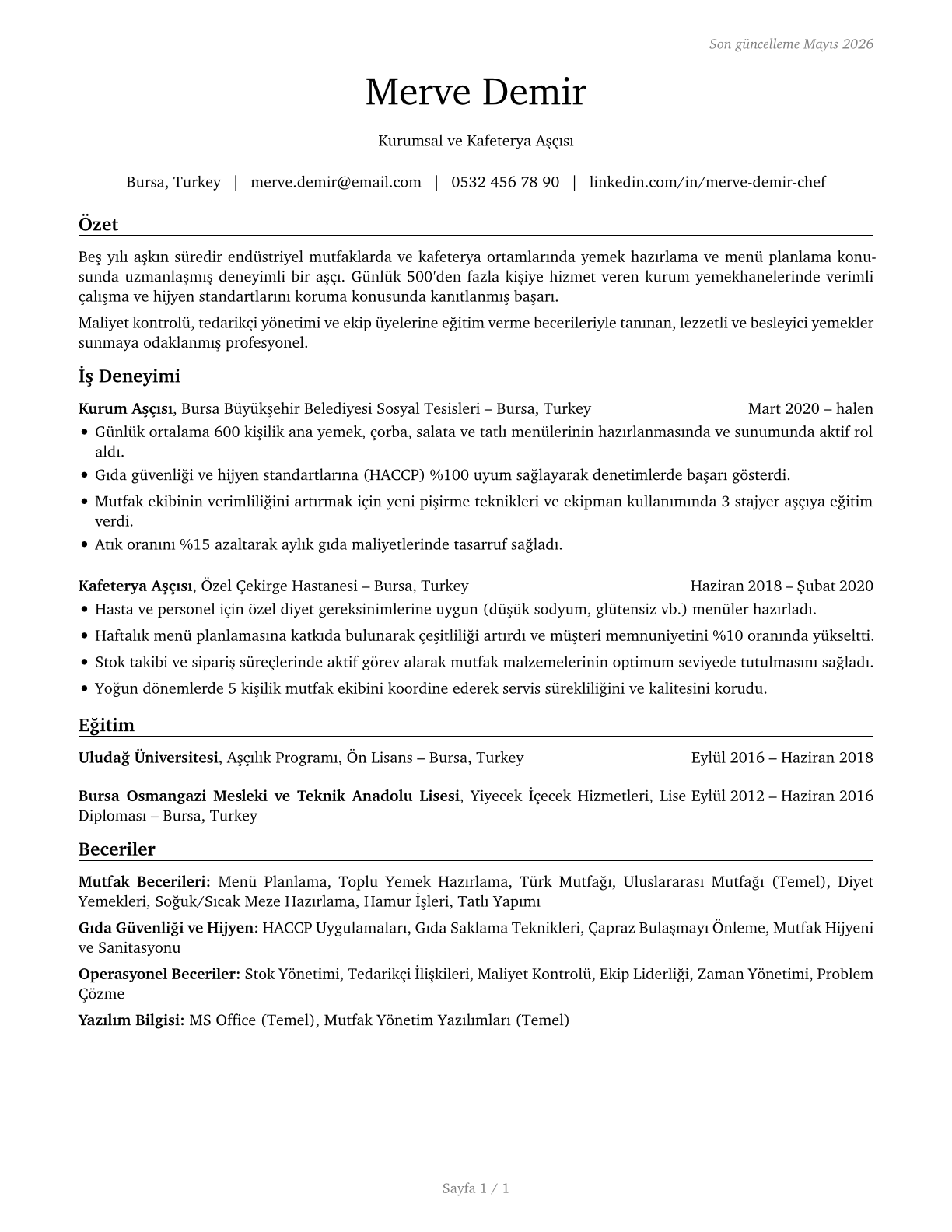 Cooks, Institution and Cafeteria CV in Turkish — page 1