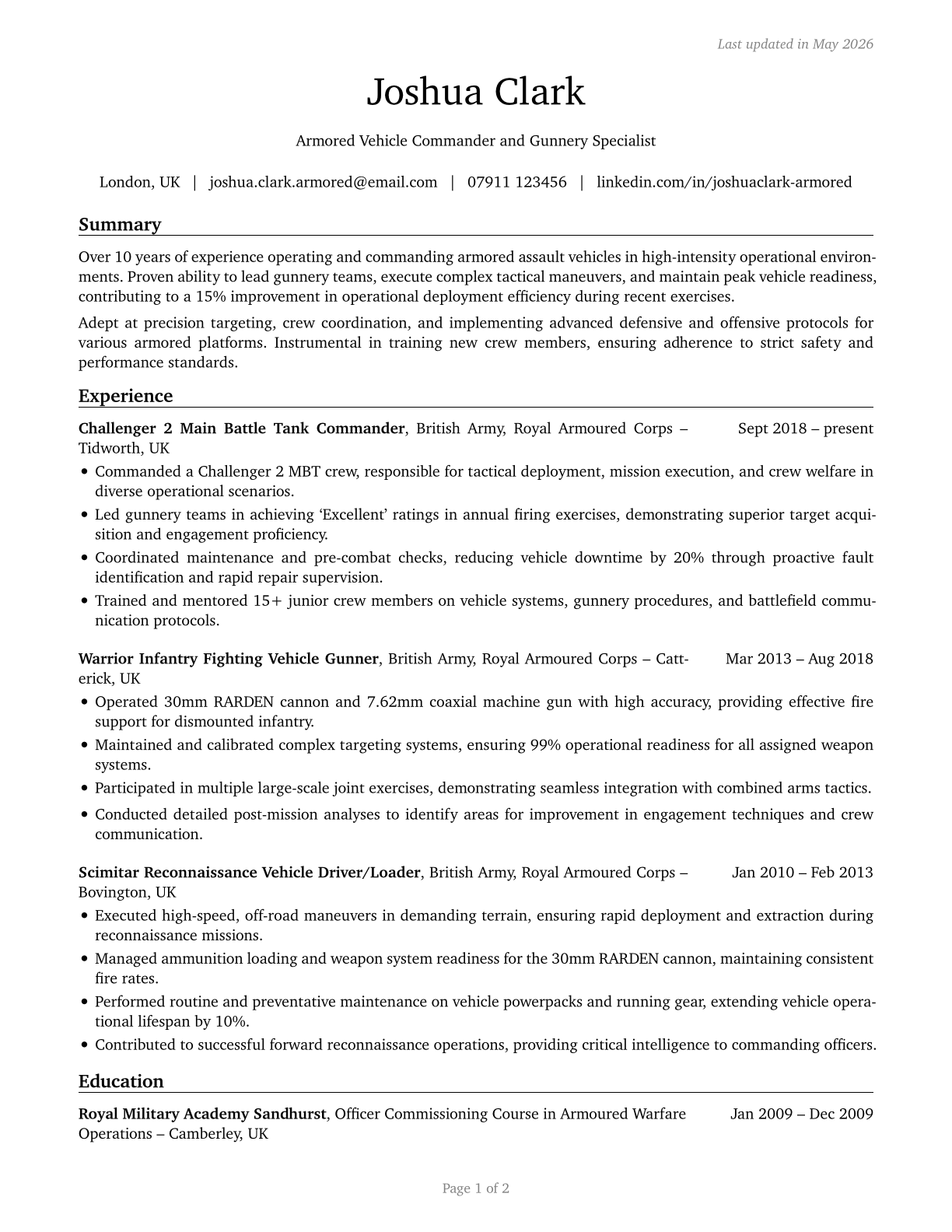 Armored Assault Vehicle Crew Members CV in English — page 1