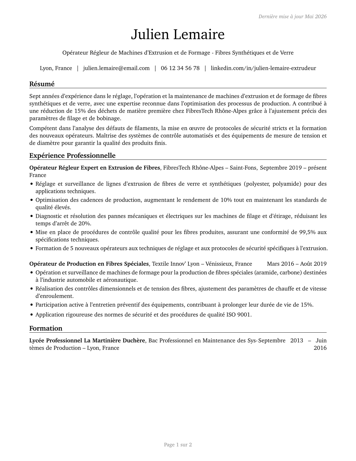 Extruding and Forming Machine Setters, Operators, and Tenders, Synthetic and Glass Fibers CV in French — page 1