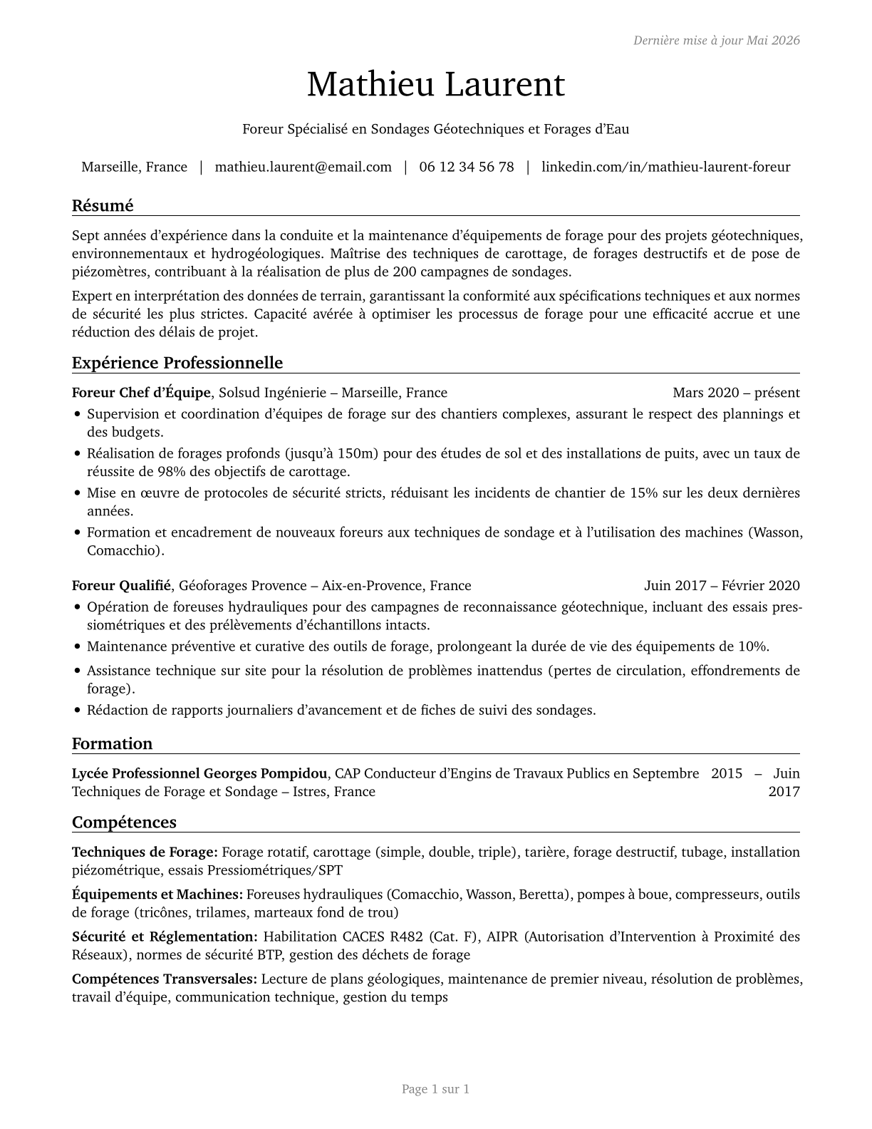 Earth Drillers, Except Oil and Gas CV in French — page 1