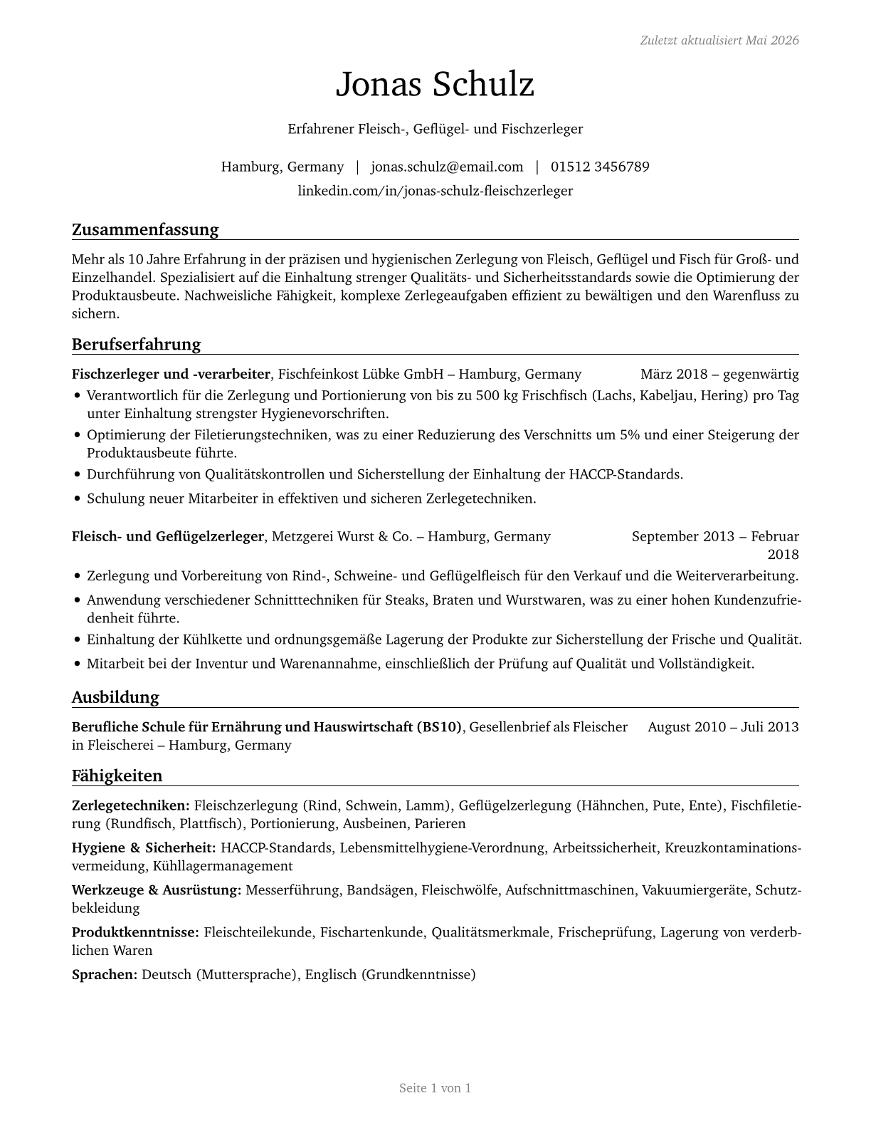 Meat, Poultry, and Fish Cutters and Trimmers CV in German — page 1