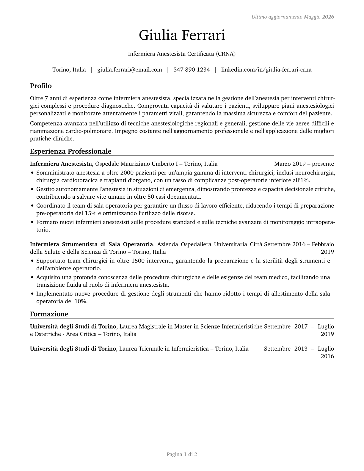 Nurse Anesthetists CV in Italian — page 1