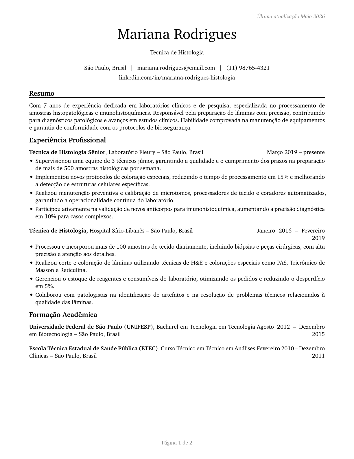Histology Technicians CV in Portuguese — page 1