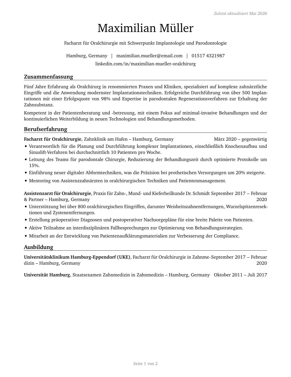 Dentists, All Other Specialists CV in German — page 1