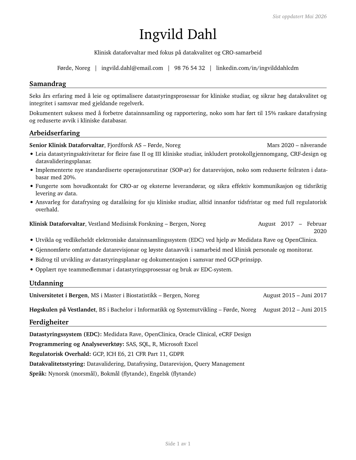 Clinical Data Managers CV in Norwegian_nynorsk — page 1
