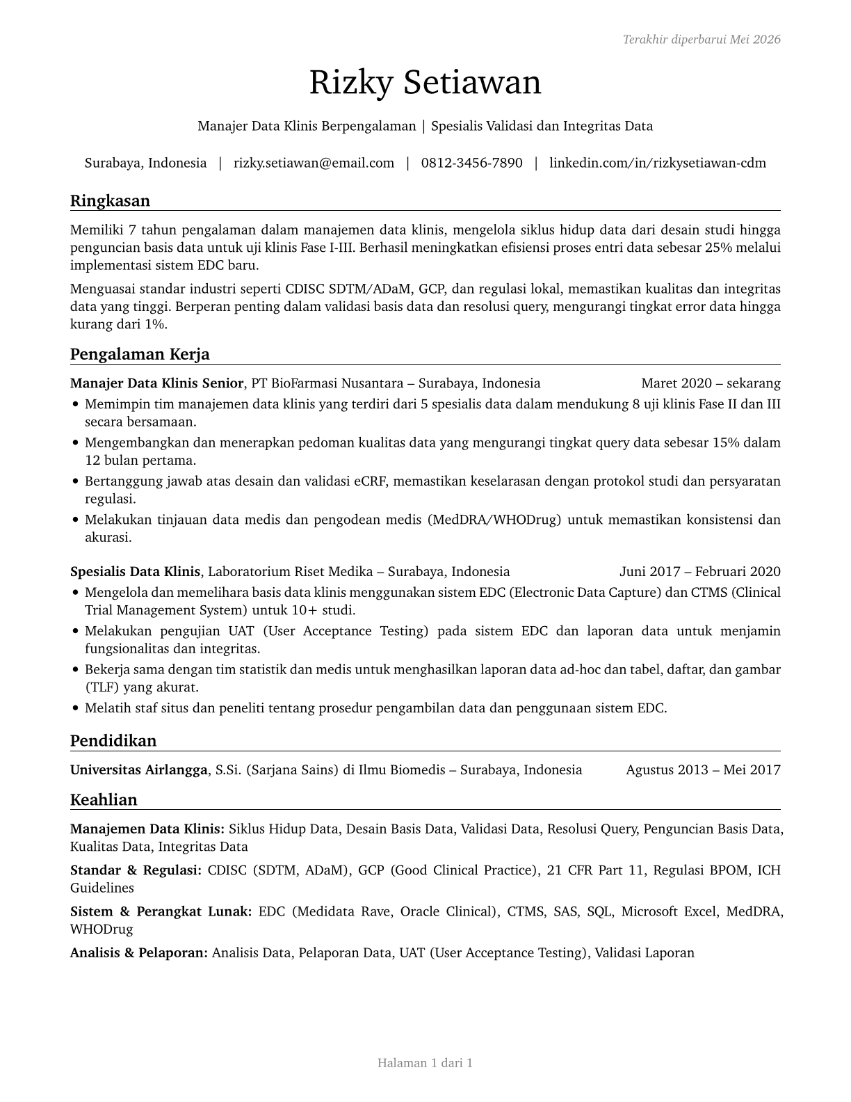 Clinical Data Managers CV in Indonesian — page 1