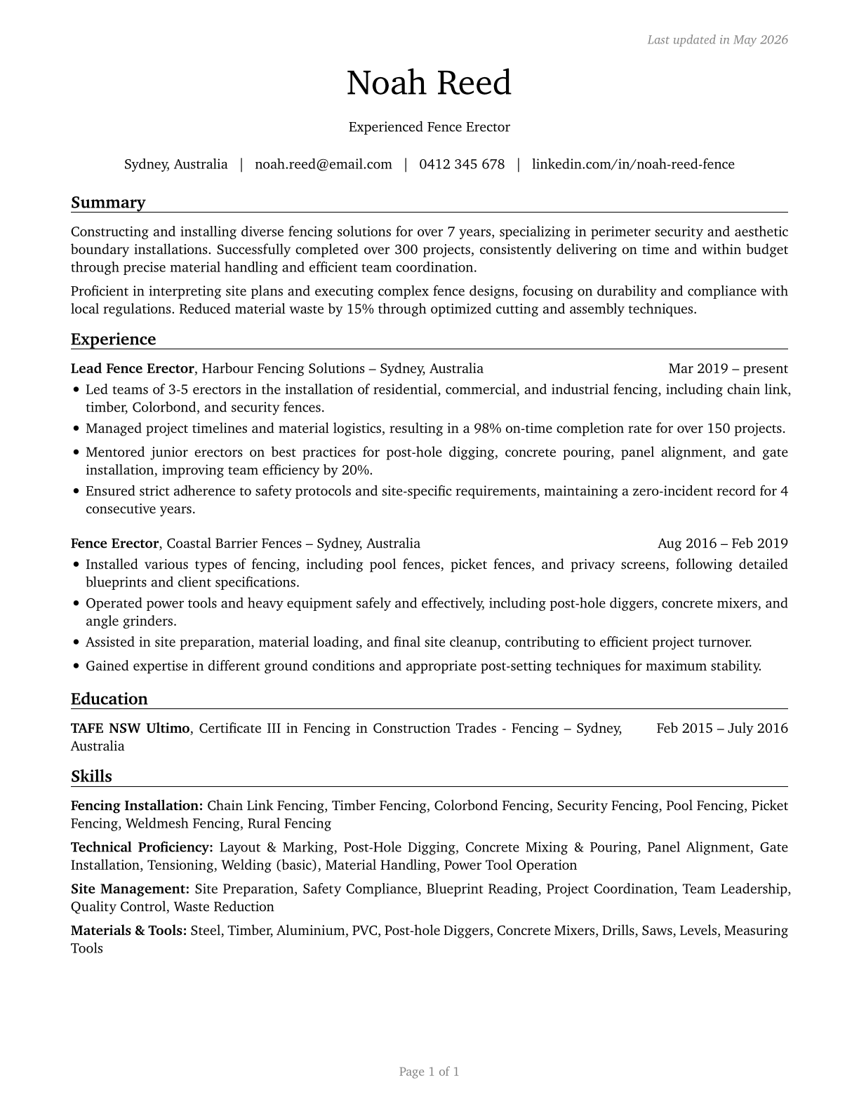 Fence Erectors CV in English — page 1